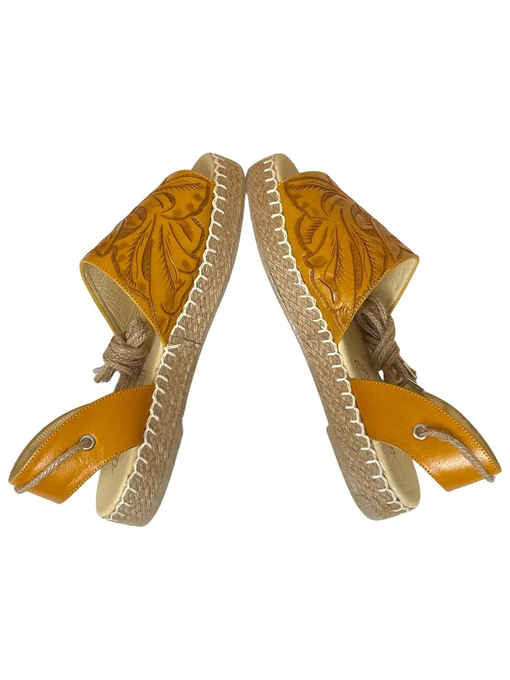 Rare Alexis David Hand Tooled Artisan Leather Espadrille Sandals - 8 - Yellow